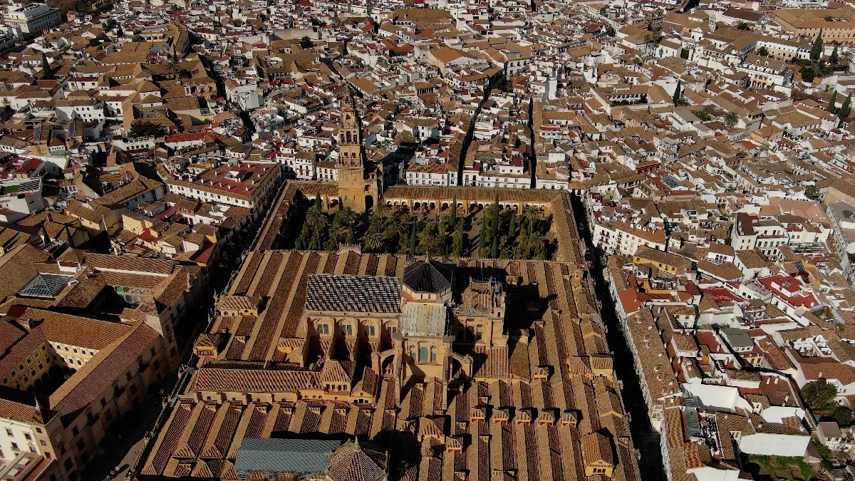 Aerial View Of Mosque Cathedral Of Cordoba, Roman Bridge, Andalusia, Spain